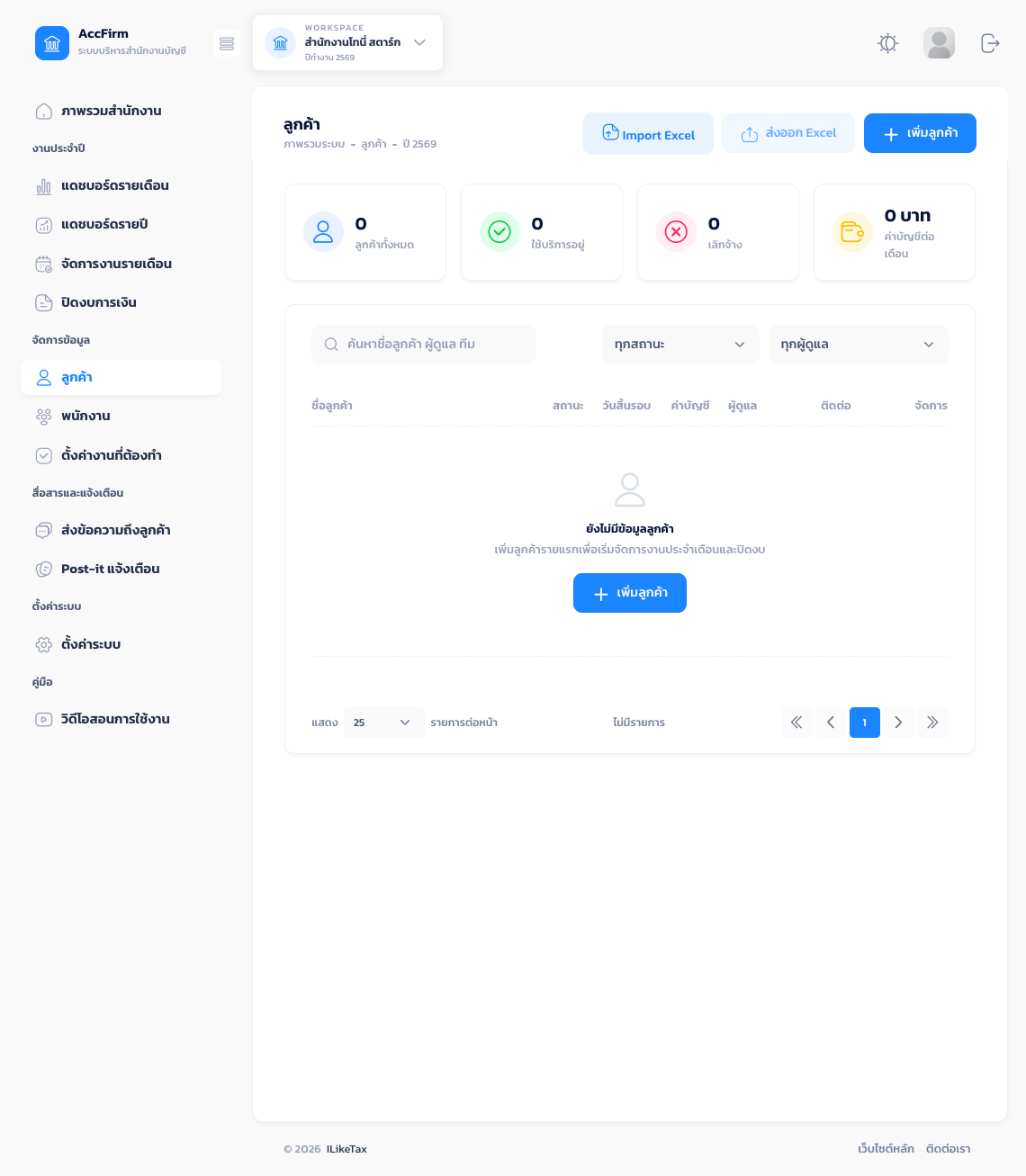 Client list showing fee, caretaker, contact, and accounting period fields